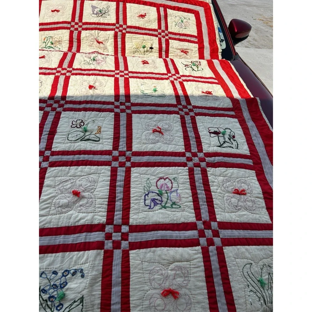 Redwork Quilt Hand Embroidered Botanical Flower Blocks Red White 60